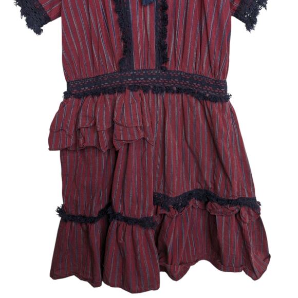 Sea New York Dress 2 Peasant Burgundy Striped Ruffled Pom Poms Lace Trim - Picture 3 of 10